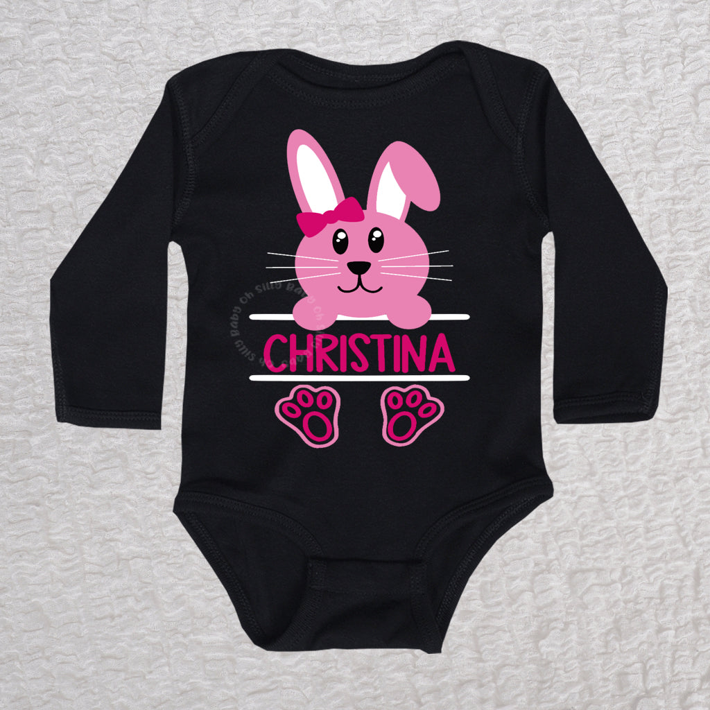 Easter Bunny Personalized Girl Long Sleeve Black Bodysuit