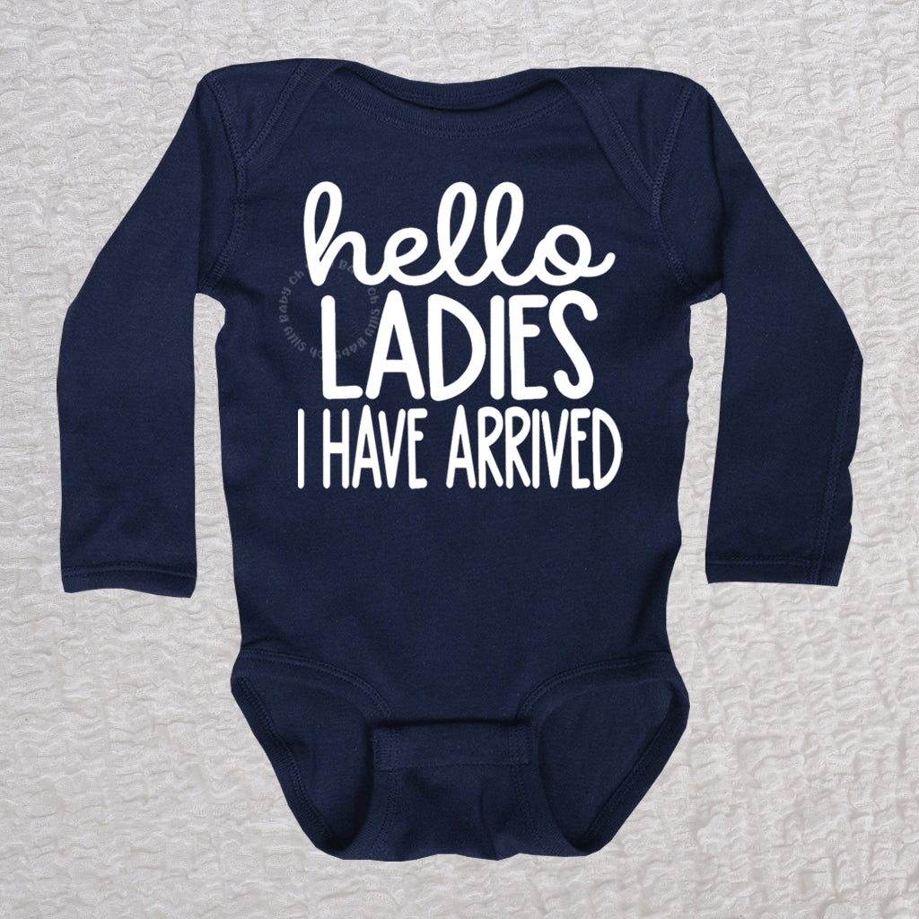 Hello Ladies I Have Arrived Long Sleeve Navy Bodysuit