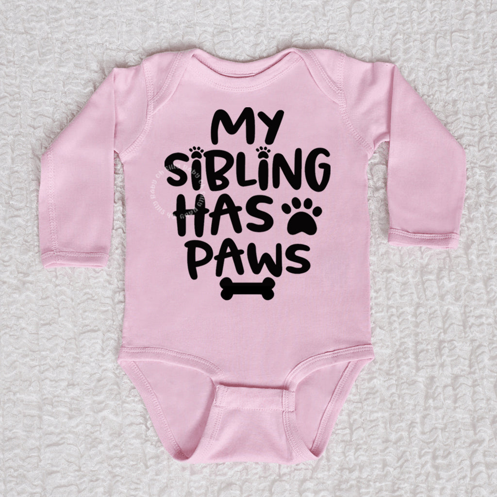 My Sibling Has Paws Long Sleeve Pink Bodysuit