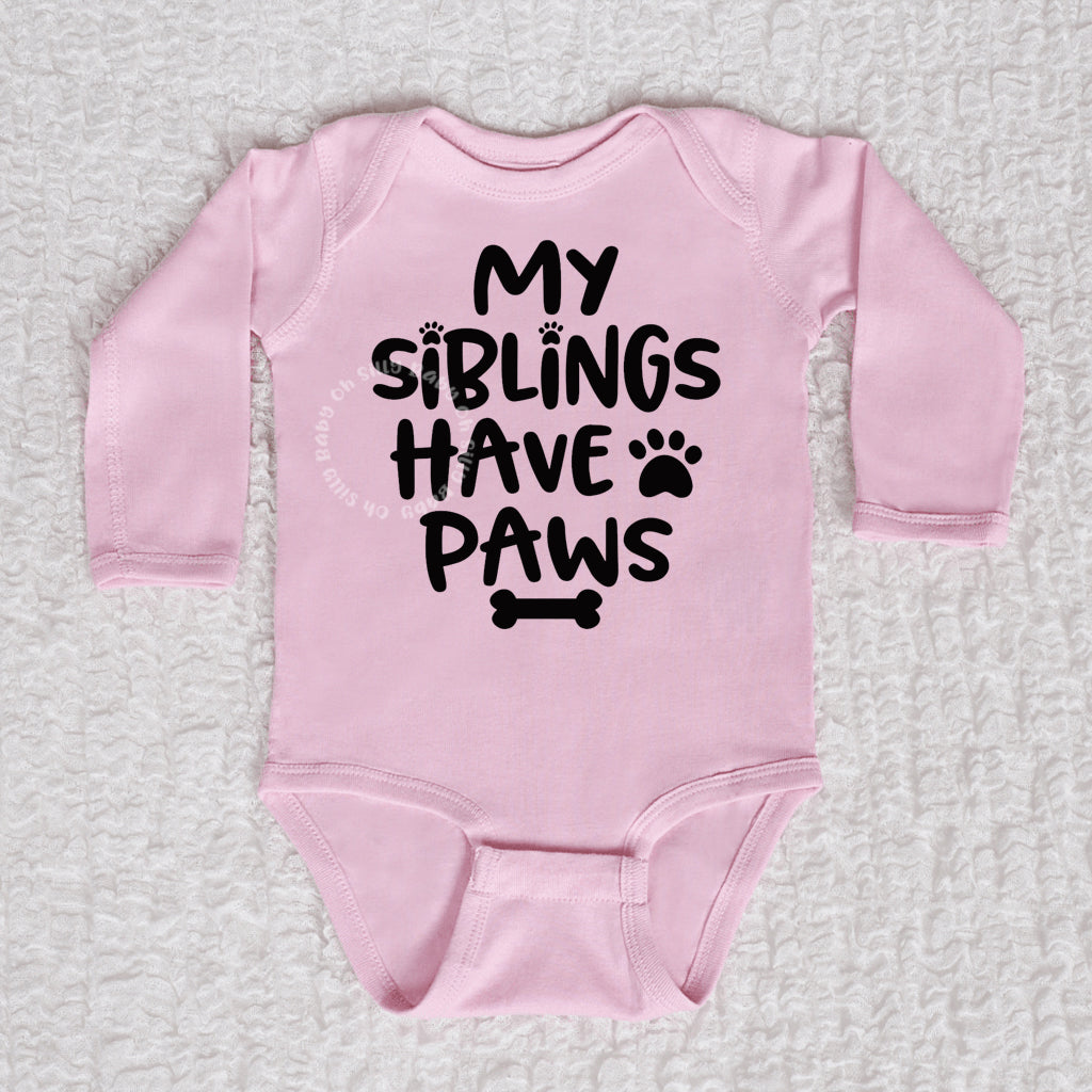My Siblings Have Paws Long Sleeve Pink Bodysuit