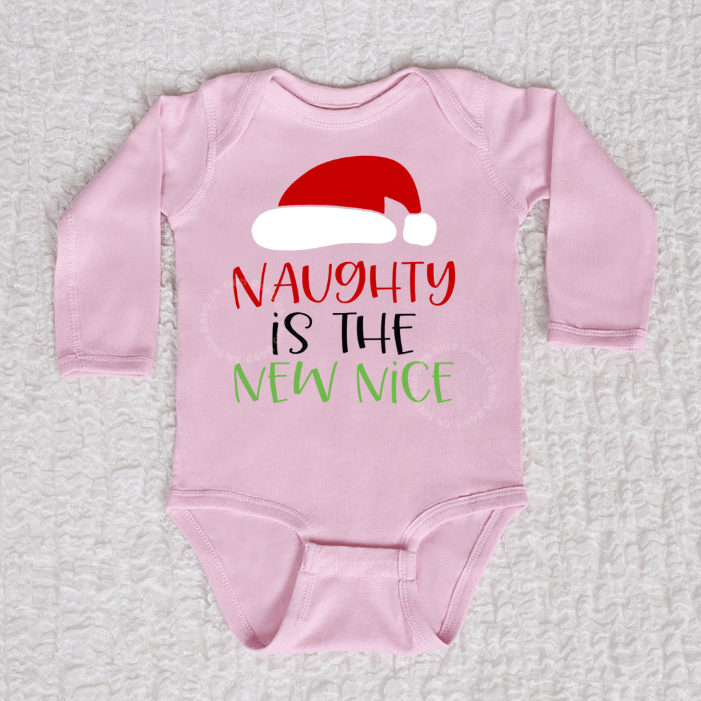 Naughty  Is The New Nice Long Sleeve Pink Bodysuit