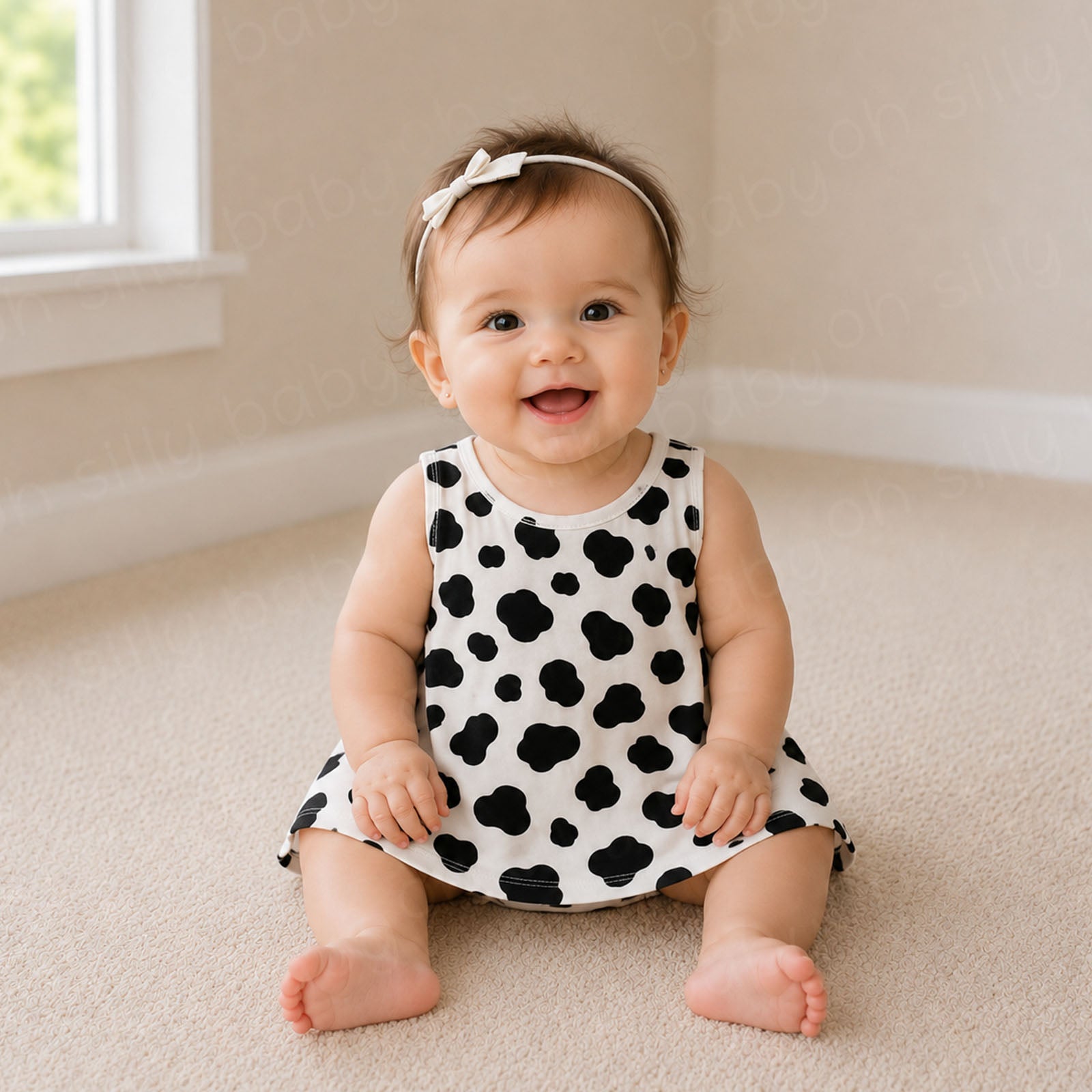 Baby girl wearing a black and white Cow Print Grow With Me Dress