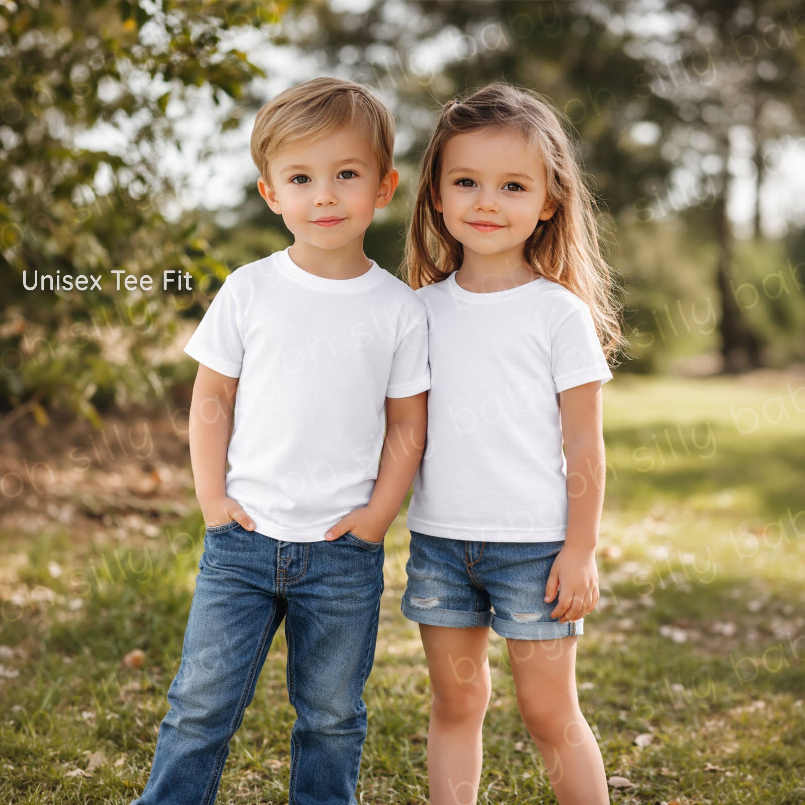 Boy and girl wearing white unisex infant and toddler short sleeve t-shirts outdoors