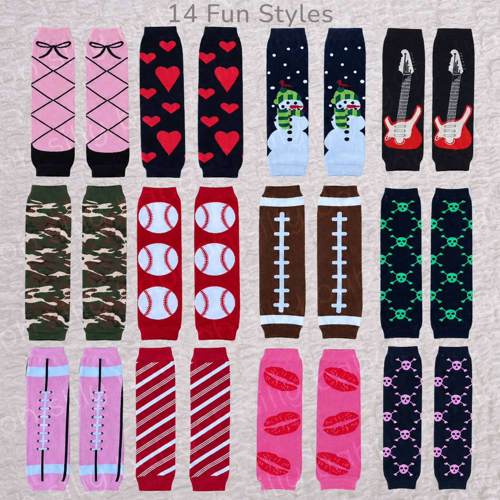 Collection of baby leg warmers featuring multiple colorful styles with minor cosmetic defects available at clearance prices