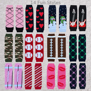 Collection of baby leg warmers featuring multiple colorful styles with minor cosmetic defects available at clearance prices
