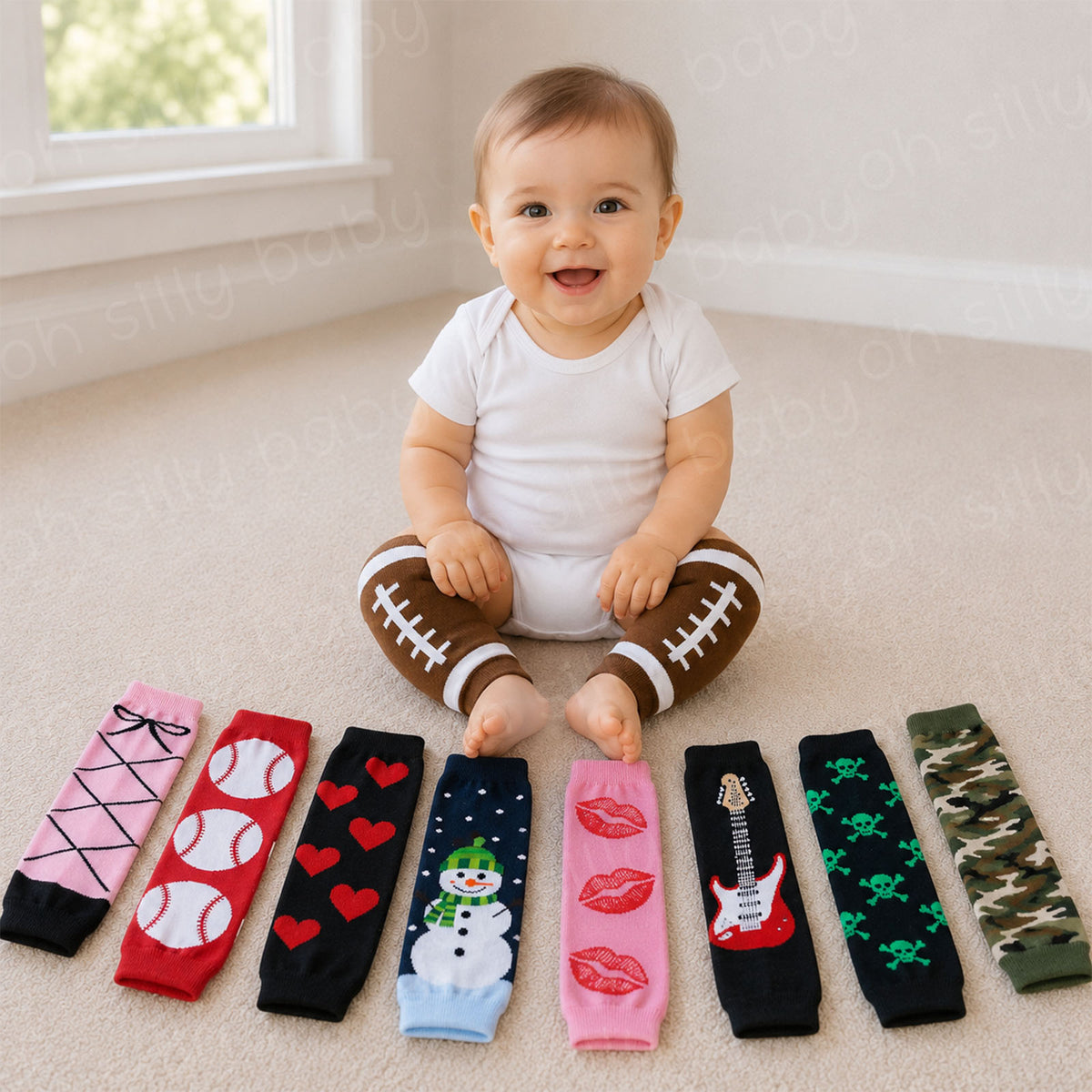Baby wearing football baby leg warmers with additional leg warmer designs displayed beside them