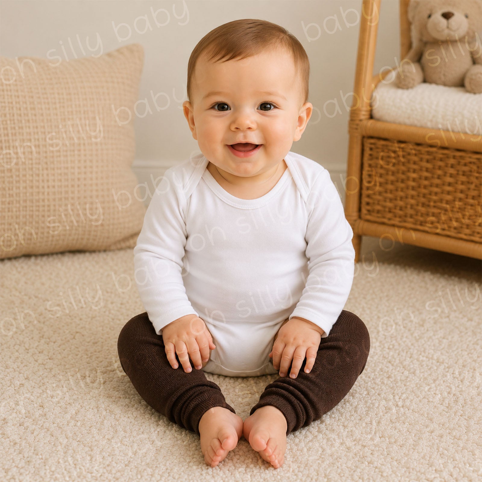 Smiling baby wearing a white long sleeve bodysuit and Bearly Brown baby leg warmers