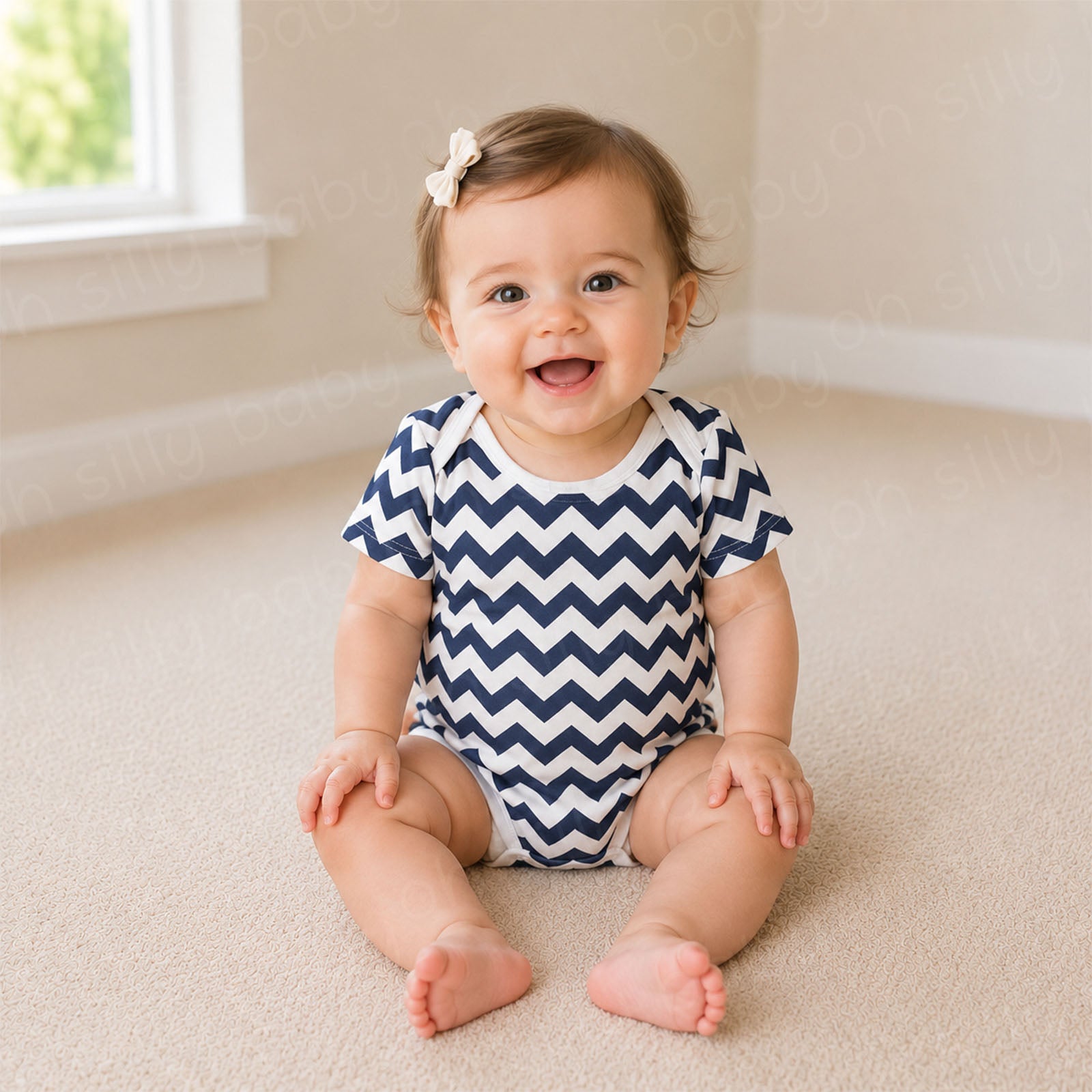 Baby girl wearing a Blue and White Chevron Print Baby Bodysuit