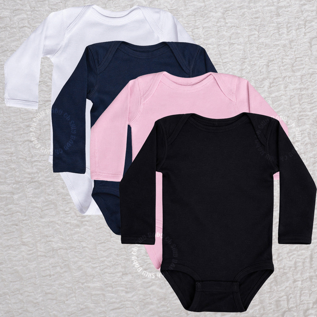 Classic Long Sleeve Baby Bodysuit available in white, navy, pink, and black
