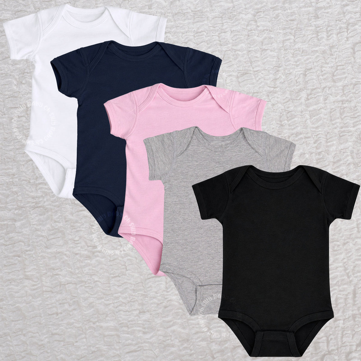 Classic Short Sleeve Baby Bodysuit available in white, navy, pink, heather gray, and black
