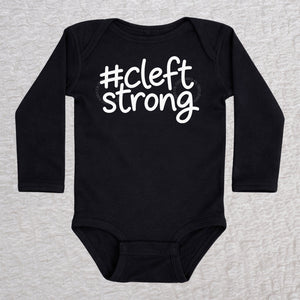 Cleftstrong long sleeve baby bodysuit in black with white #cleftstrong design