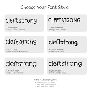 Cleftstrong font chart for personalized baby bodysuits and toddler t-shirts showing script, playful, bold, and modern font styles
