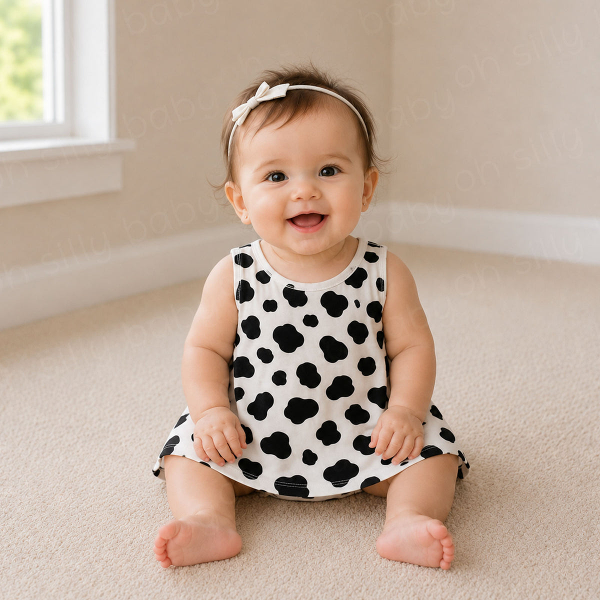 Baby girl wearing a black and white Cow Print Grow With Me Dress