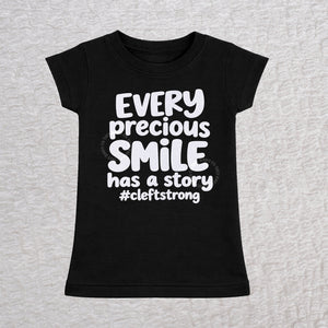 Every Precious Smile Has A Story toddler girls fit T-shirt in black with rainbow white glitter #cleftstrong design