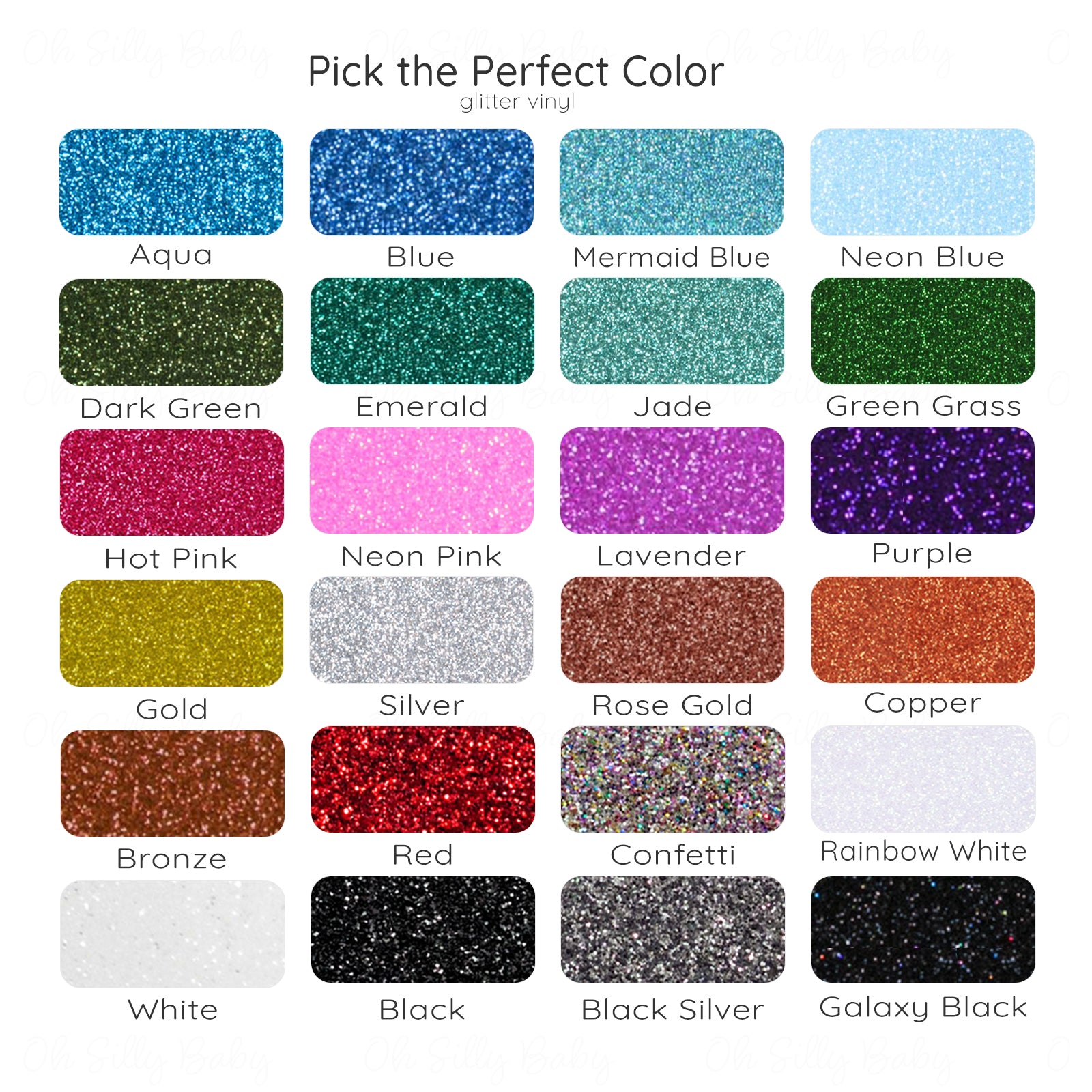 Glitter vinyl color chart for personalized baby bodysuits and toddler t-shirts showing available color options