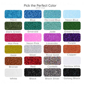 Glitter vinyl color chart for personalized baby bodysuits and toddler t-shirts showing available color options