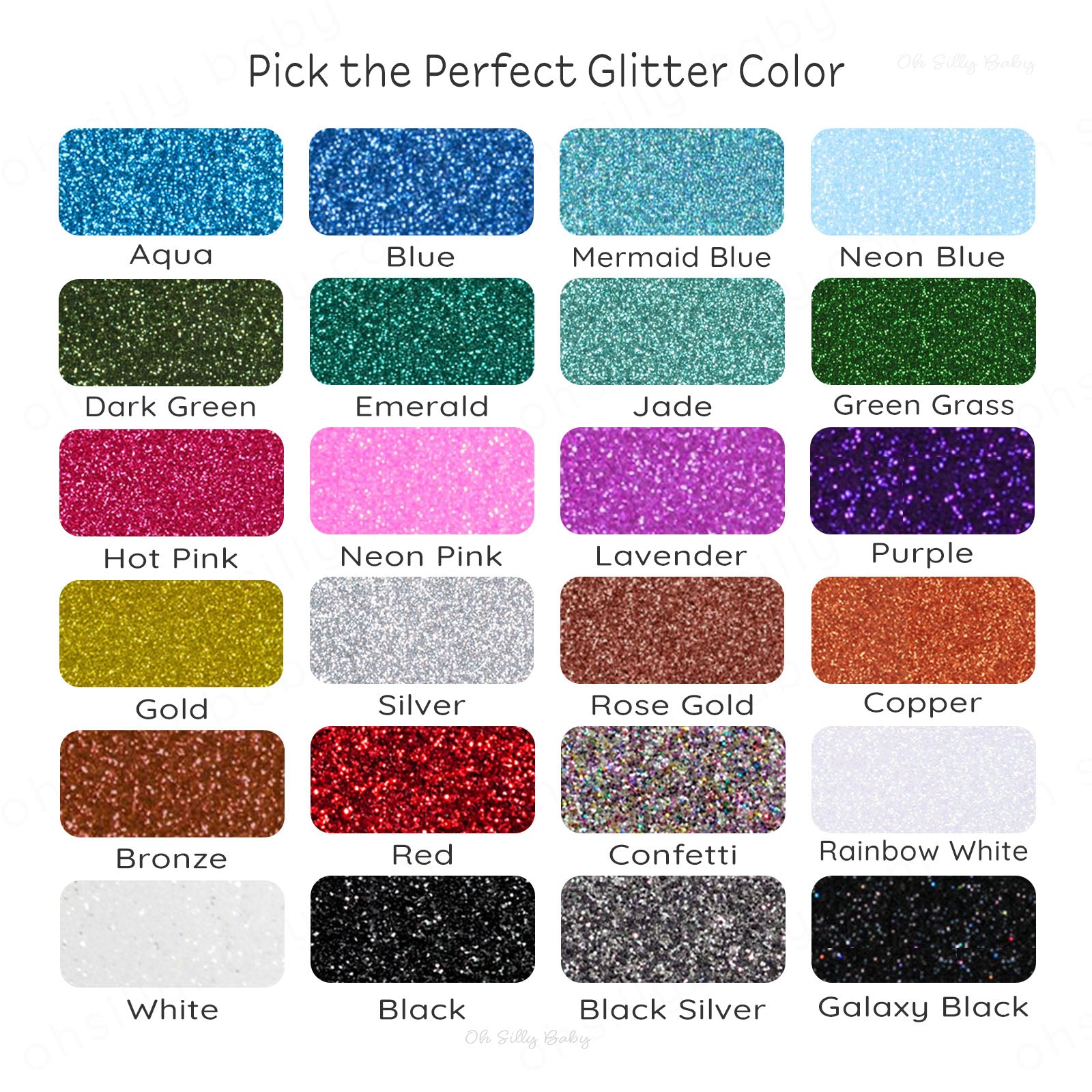 Glitter vinyl color chart for personalized baby bodysuits and toddler shirts