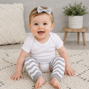 Baby wearing a white short sleeve bodysuit with Gray and White Chevron baby leg warmers