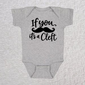If You Mustache It's A Cleft short sleeve baby bodysuit in heather gray with black mustache design
