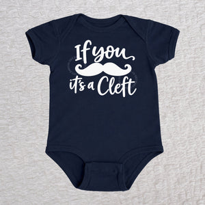 If You Mustache It's A Cleft short sleeve baby bodysuit in navy with mustache design