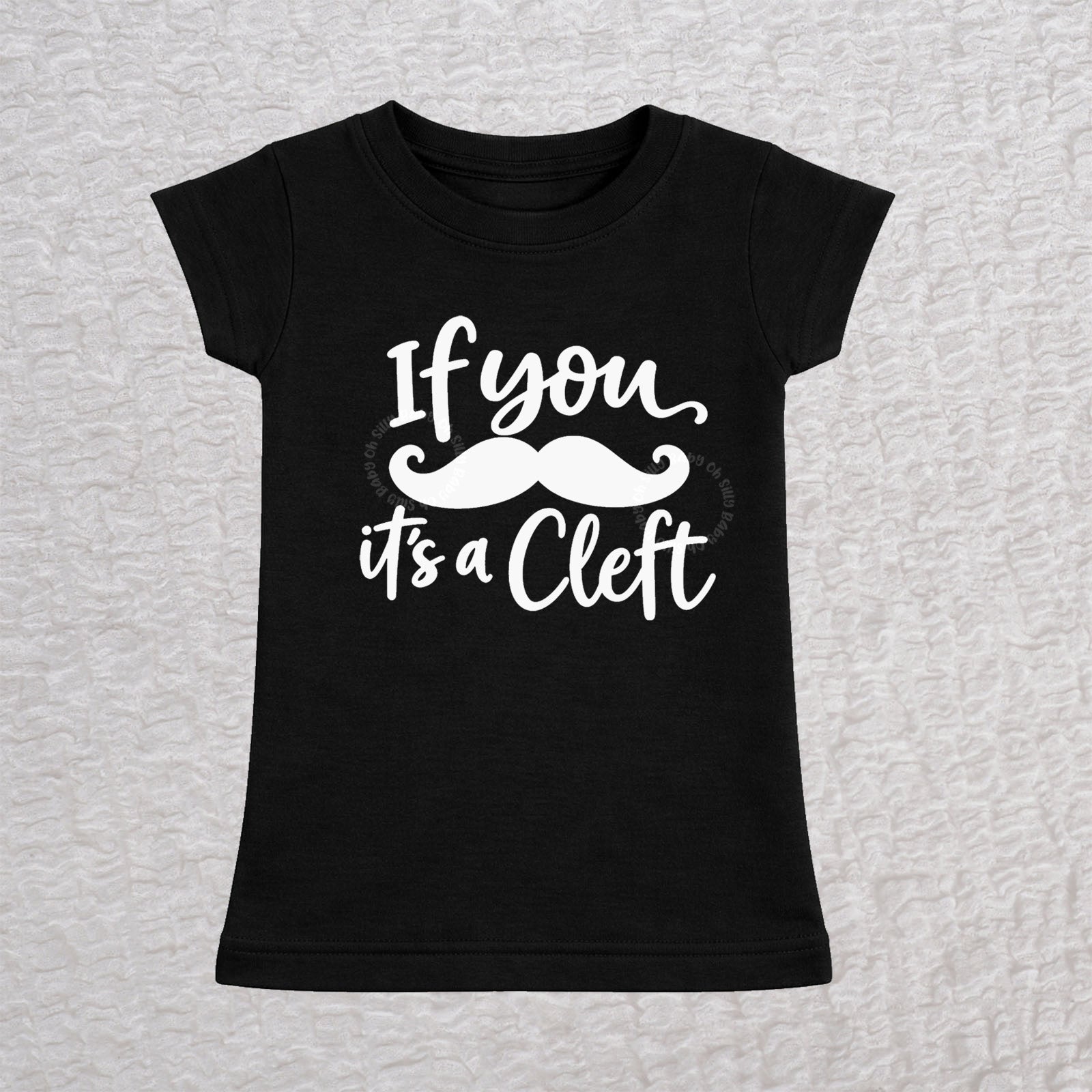 If You Mustache It's A Cleft toddler girls fit T-shirt in black with white mustache design