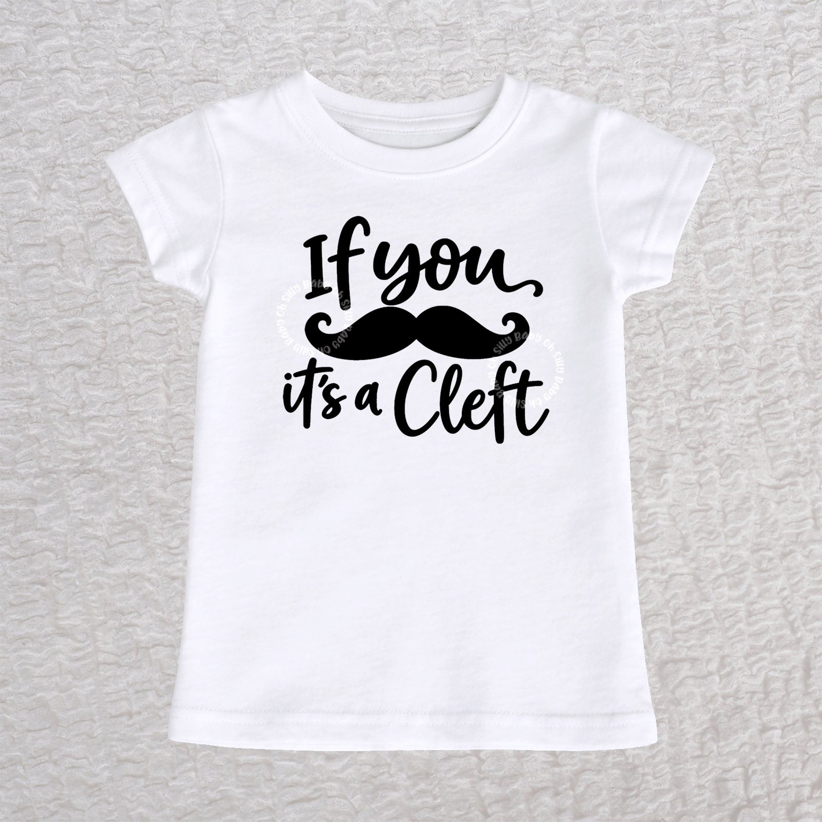 If You Mustache It's A Cleft toddler girls fit T-shirt in white with black mustache design
