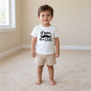 If You Mustache It's A Cleft unisex baby and toddler T-shirt in white with black mustache design