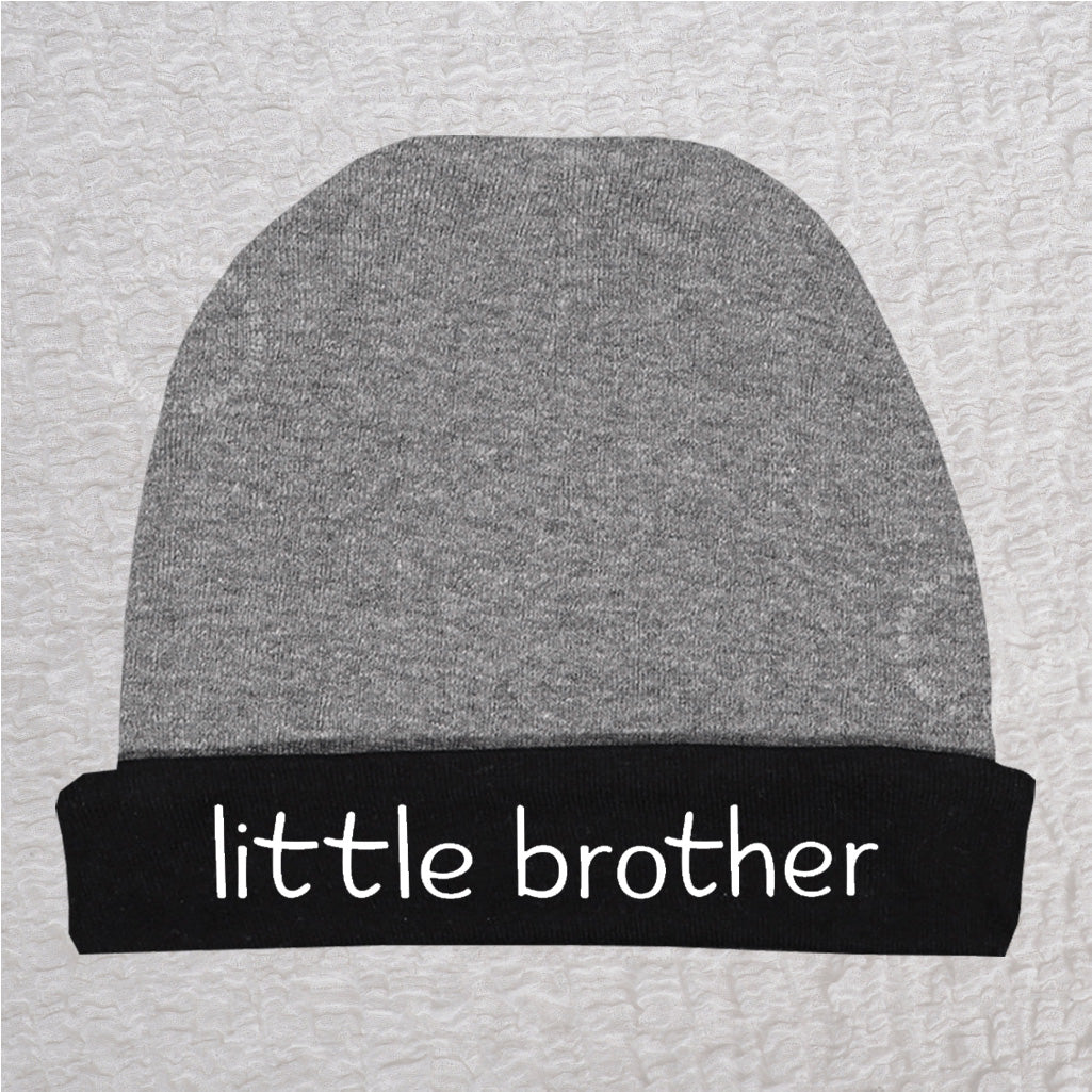 Dark heather personalized Little Brother baby beanie hat with custom name
