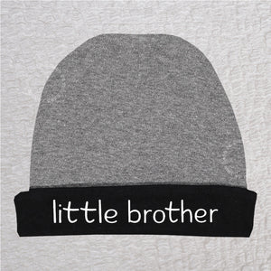 Dark heather personalized Little Brother baby beanie hat with custom name