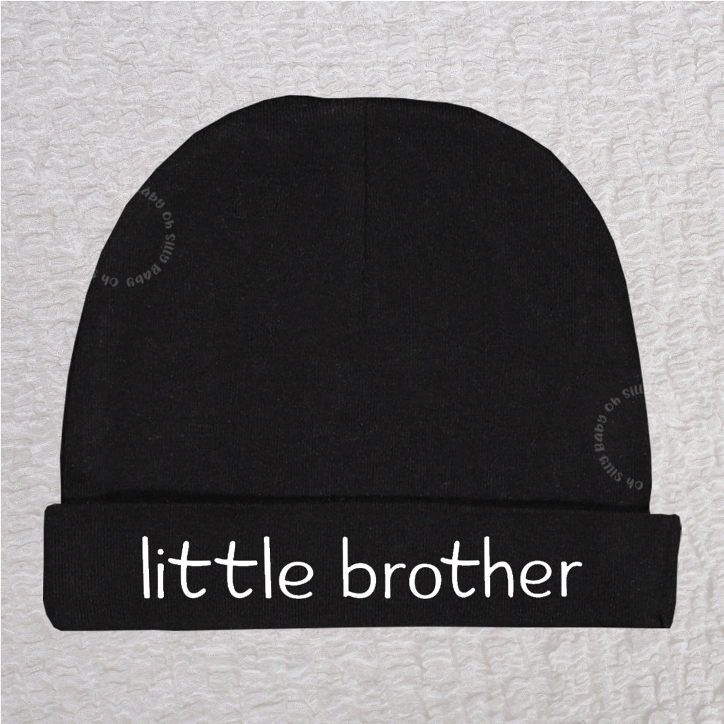 Personalized Little Brother baby beanie hat in black with custom name