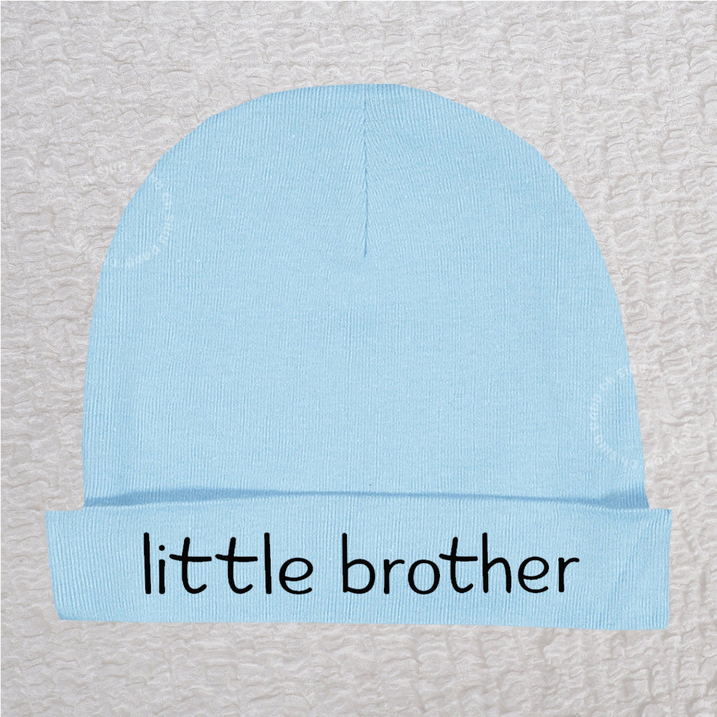 Personalized Little Brother baby beanie hat in light blue with custom vinyl name