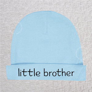 Personalized Little Brother baby beanie hat in light blue with custom vinyl name