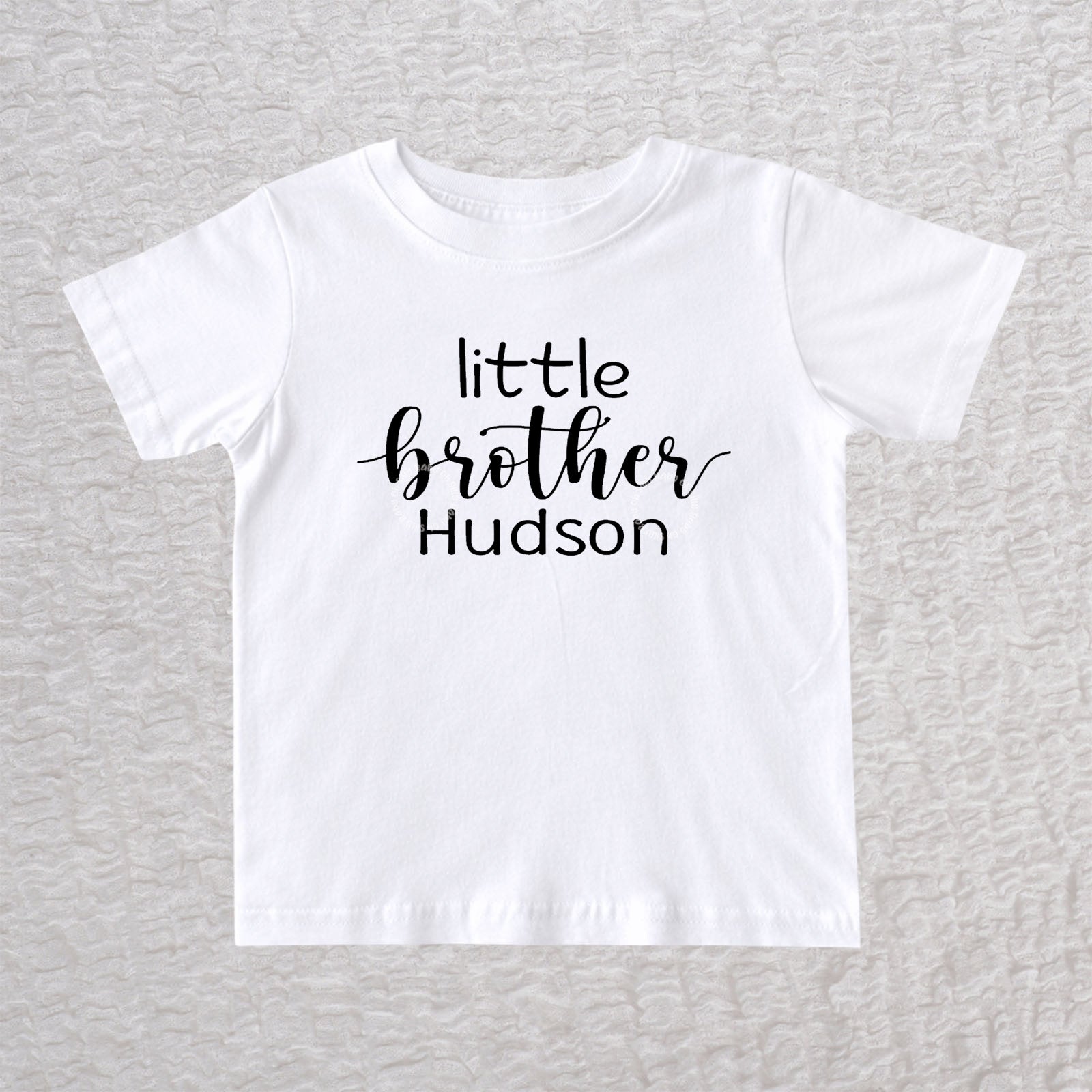 Personalized little brother toddler t-shirt in white with black lettering and custom name