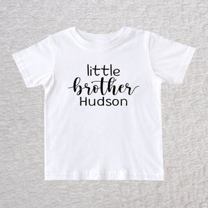 Personalized little brother toddler t-shirt in white with black lettering and custom name