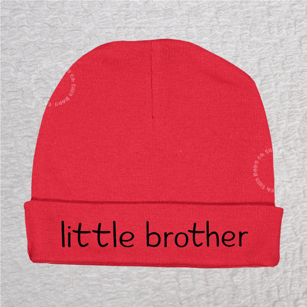 Red personalized Little Brother baby beanie hat with custom name