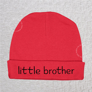 Red personalized Little Brother baby beanie hat with custom name