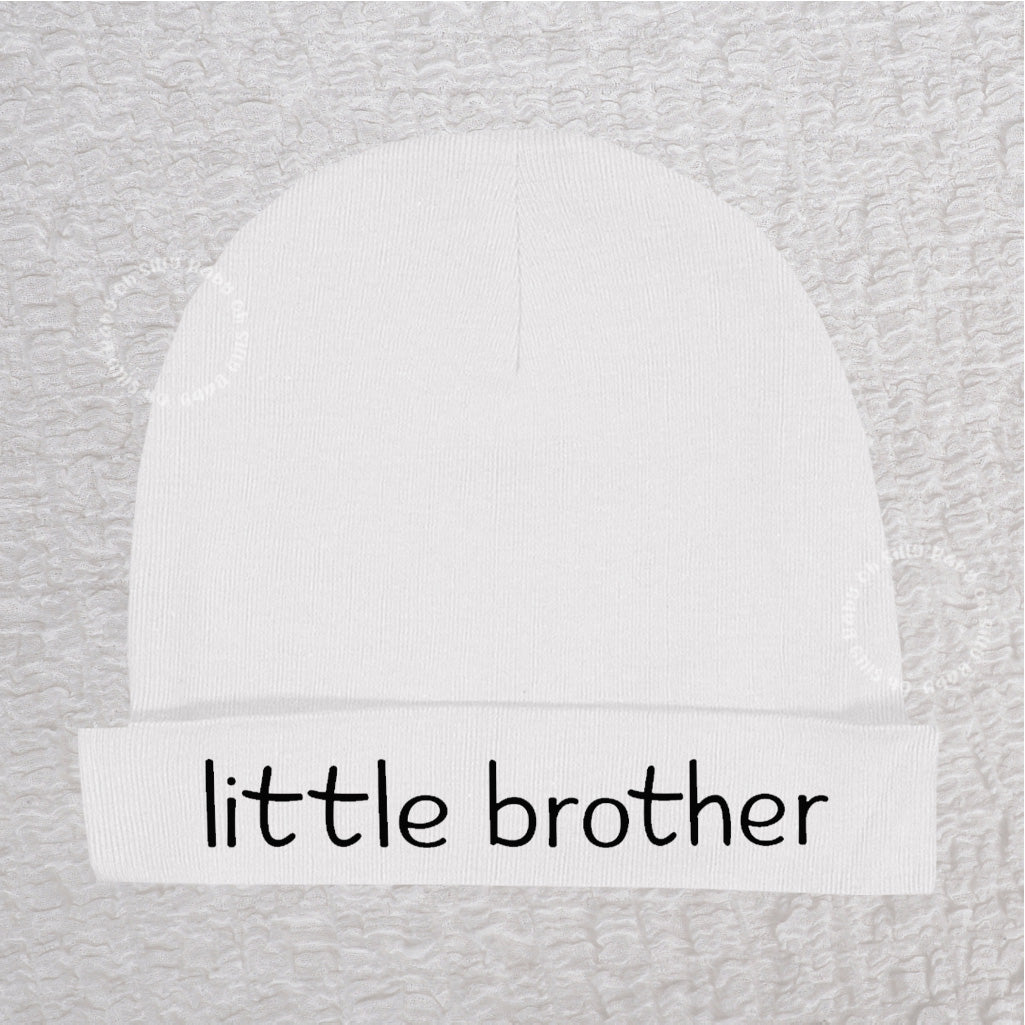 White personalized Little Brother baby beanie hat with custom name