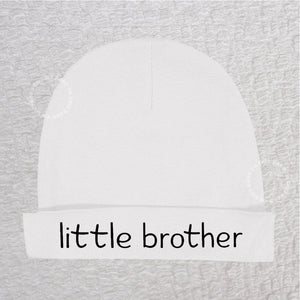 White personalized Little Brother baby beanie hat with custom name