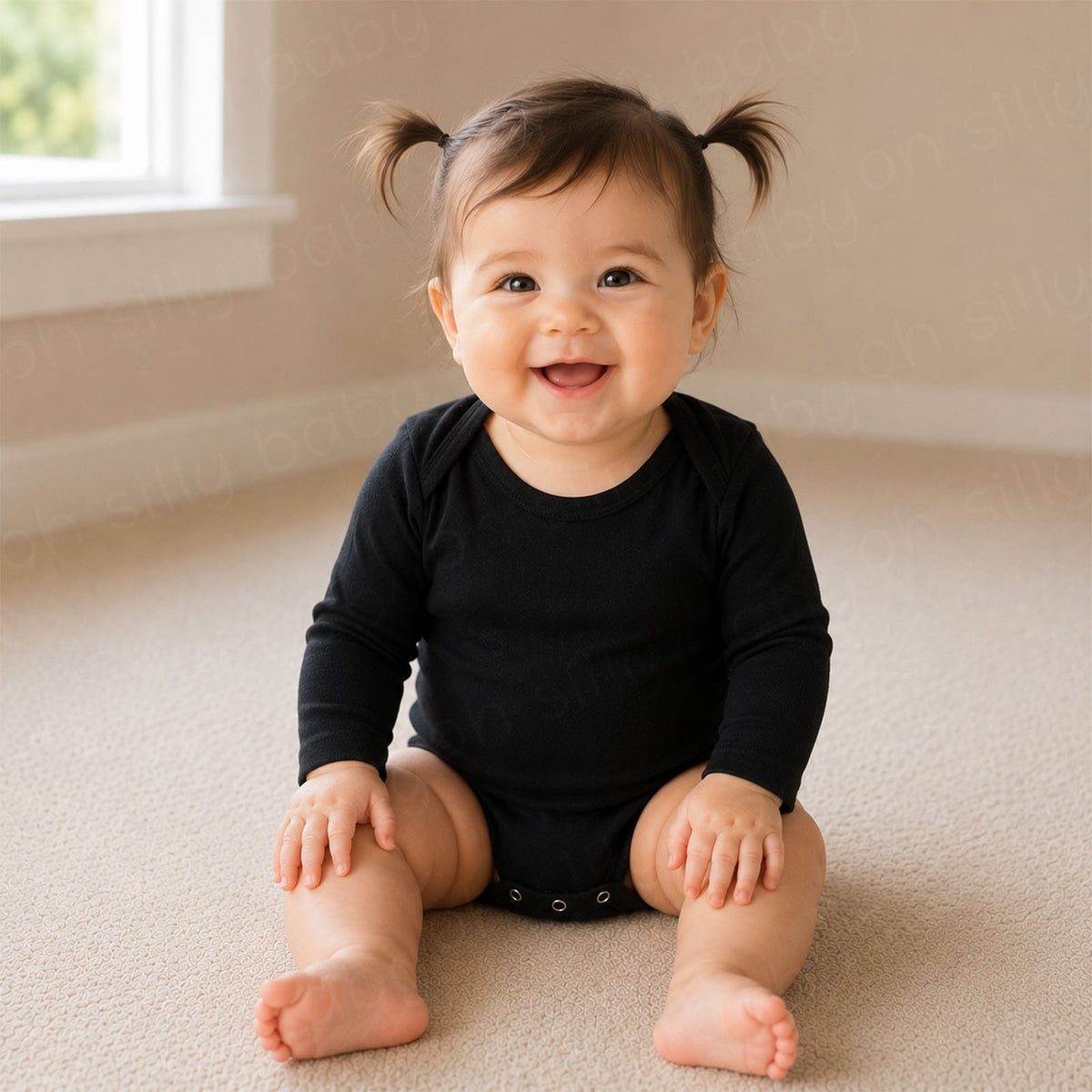 Baby girl wearing a plain black long sleeve baby bodysuit