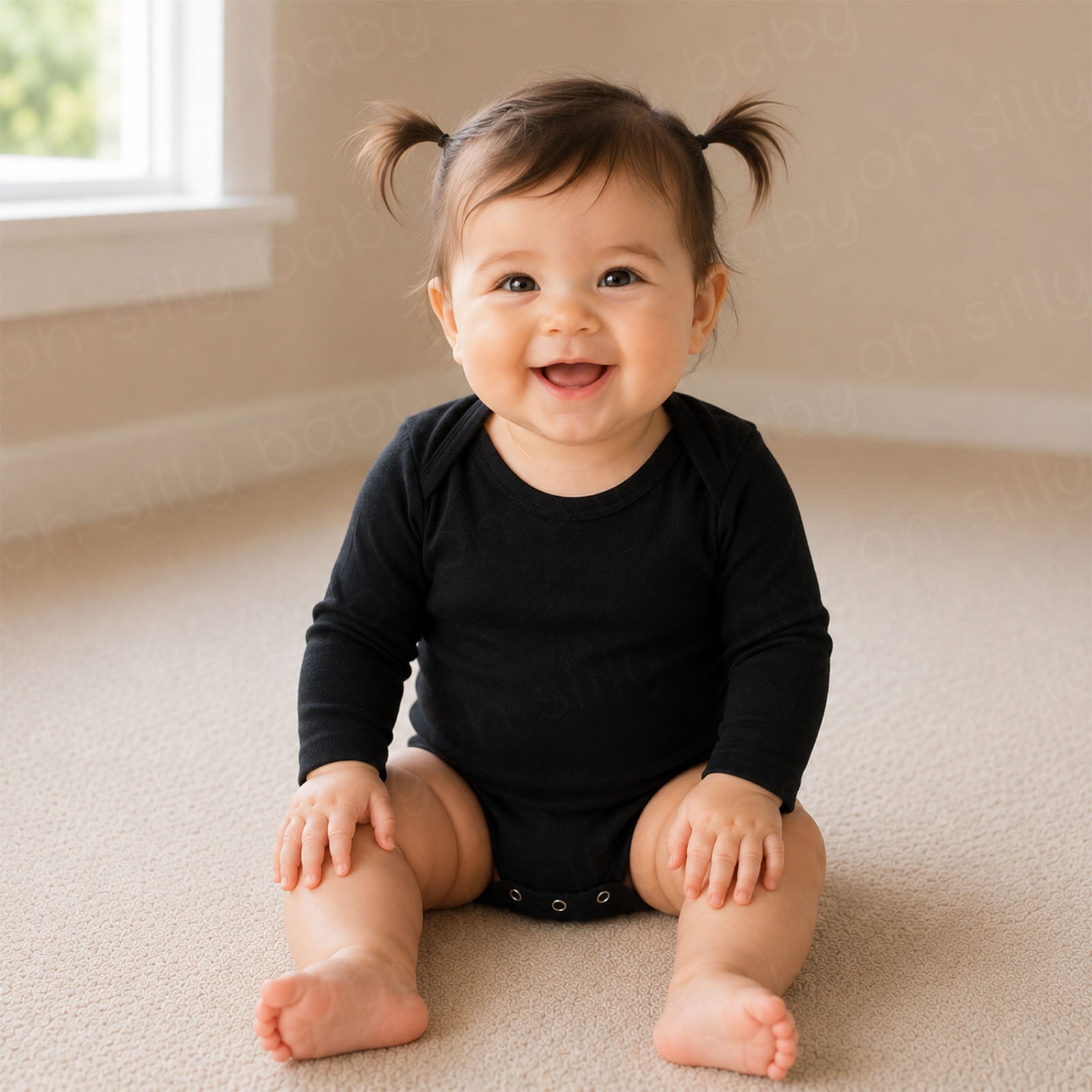 Baby girl wearing a plain black long sleeve baby bodysuit