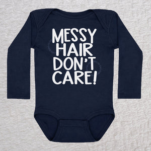 Messy Hair Don't Care long sleeve baby bodysuit in navy with playful typography design