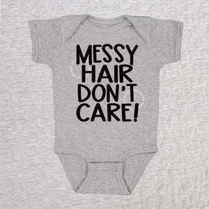 Messy Hair Don't Care short sleeve baby bodysuit in heather with playful typography design
