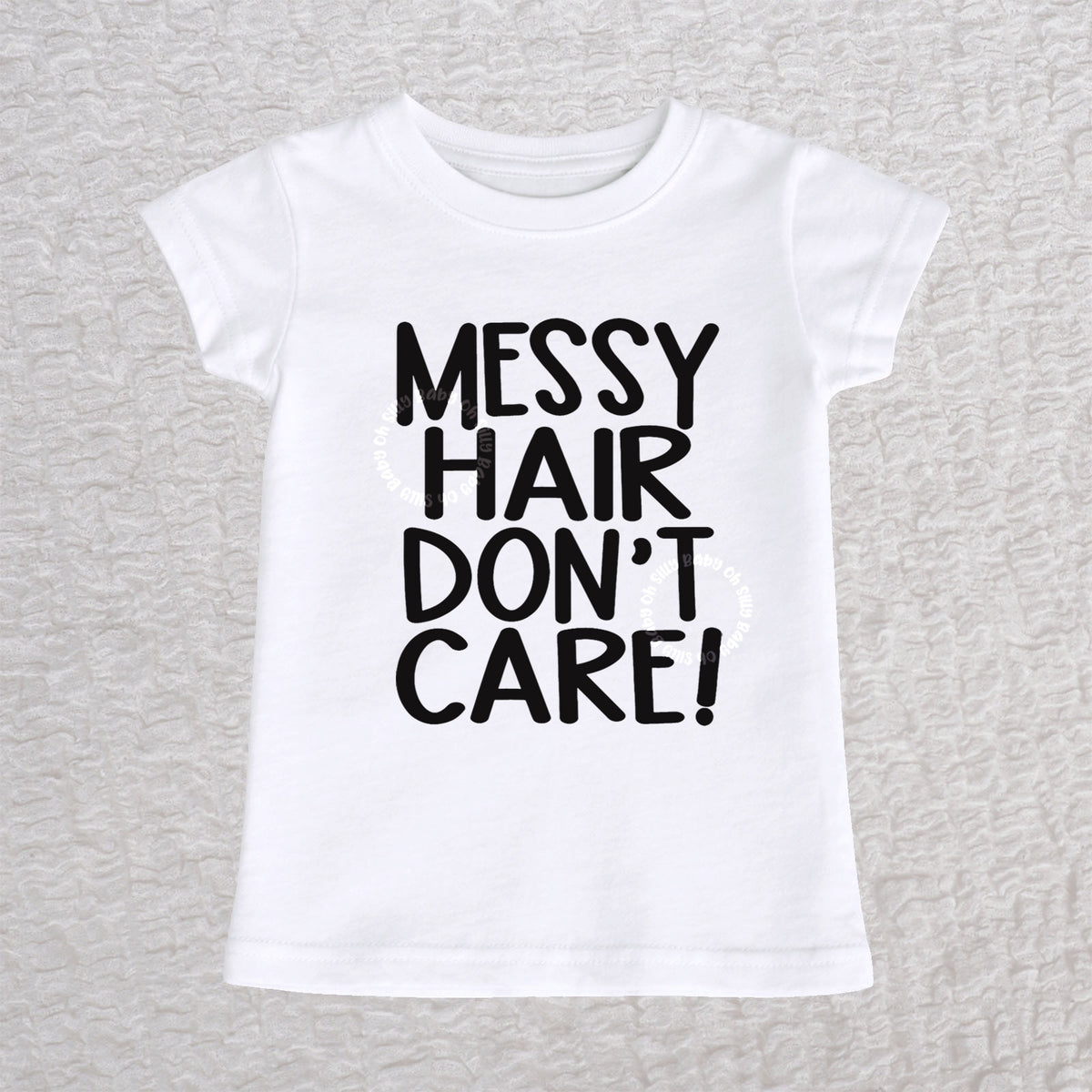 Messy Hair Don't Care girls fit toddler t-shirt in white with playful typography design
