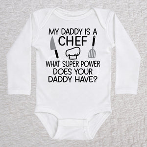 My Daddy Is a Chef long sleeve baby bodysuit in white with chef hat, knife and spatula design