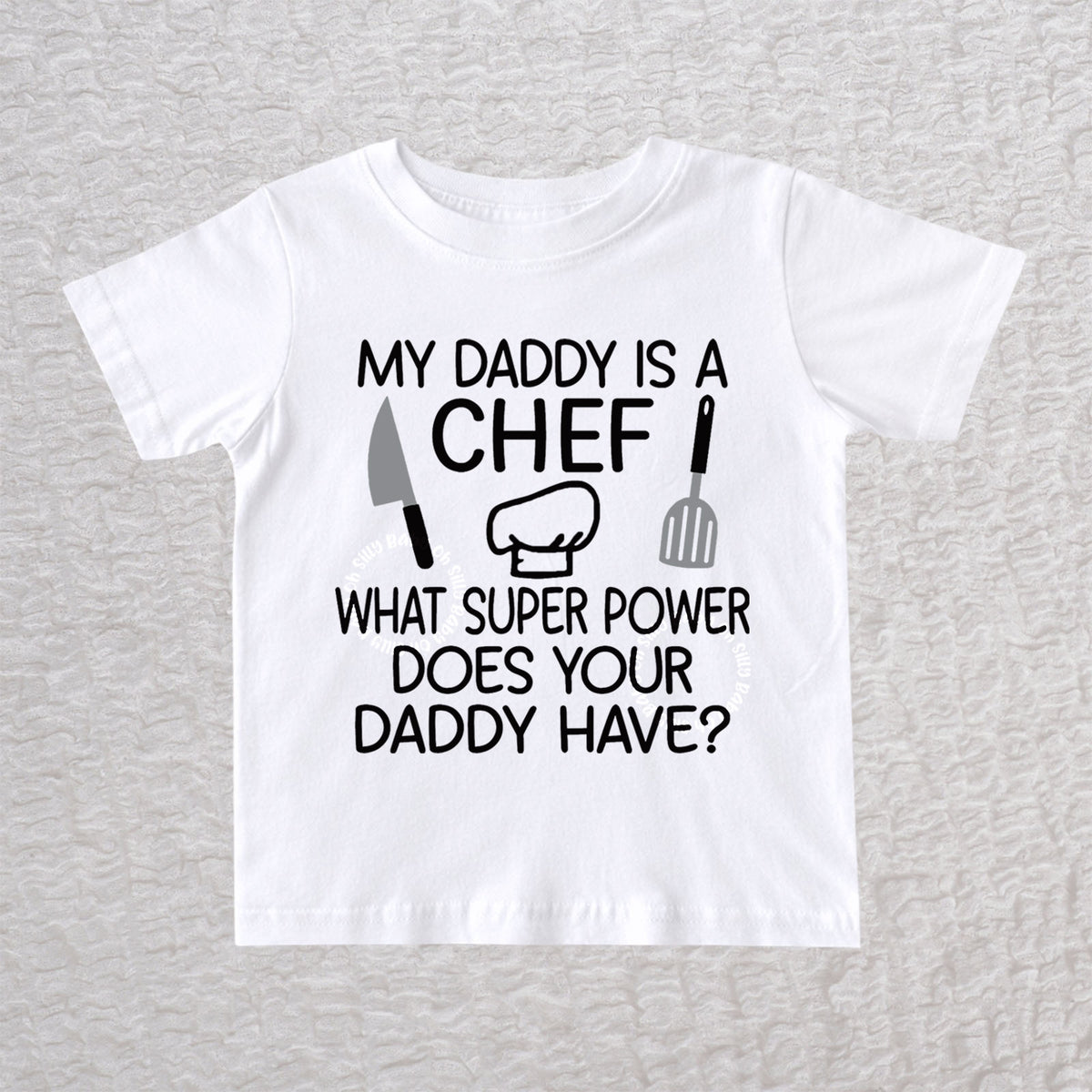 My Daddy Is a Chef baby and toddler t-shirt in white with chef hat, knife and spatula design