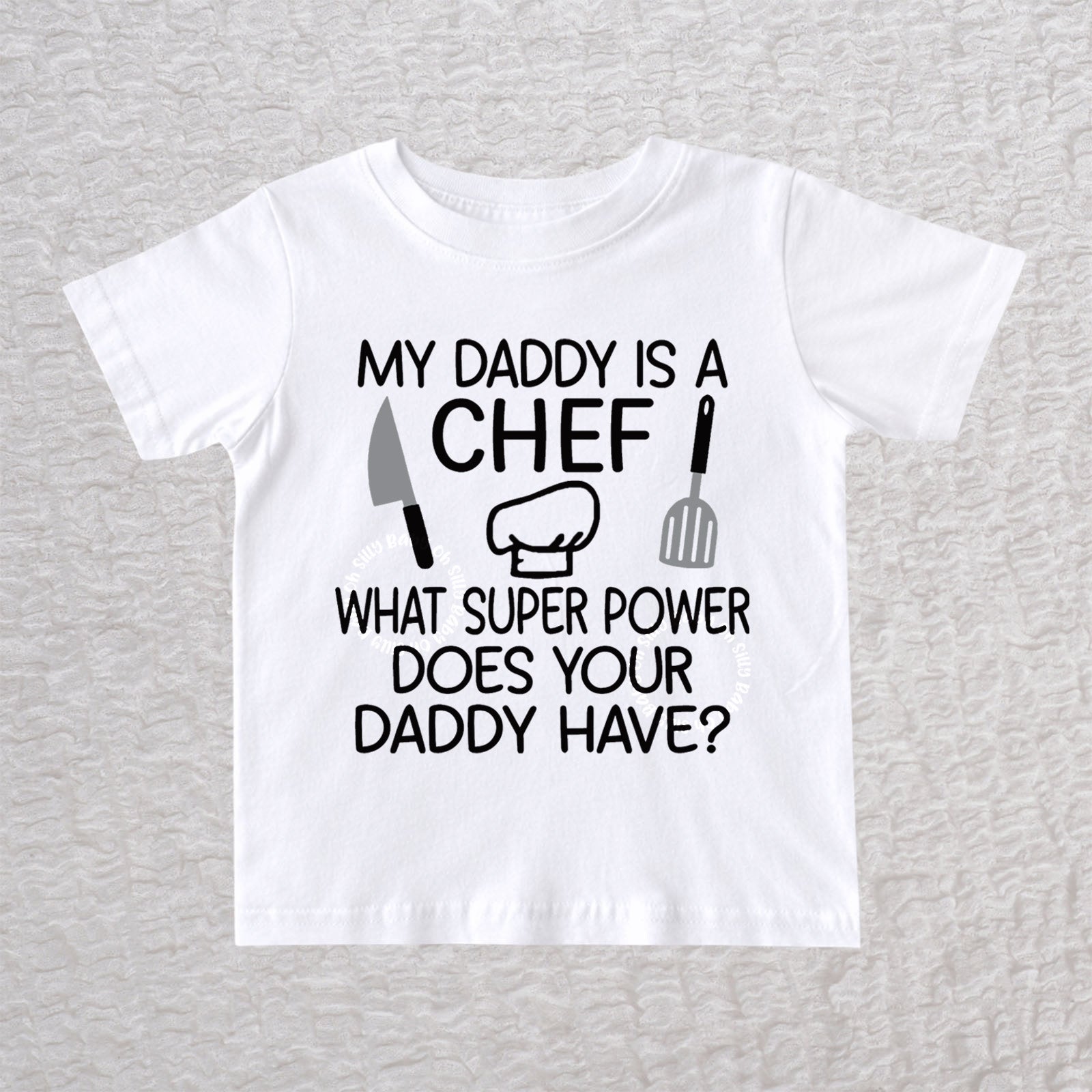 My Daddy Is a Chef baby and toddler t-shirt in white with chef hat, knife and spatula design