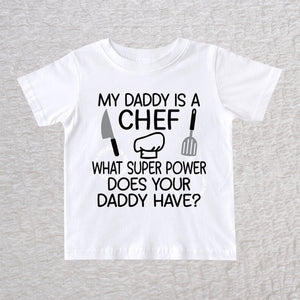 My Daddy Is a Chef baby and toddler t-shirt in white with chef hat, knife and spatula design