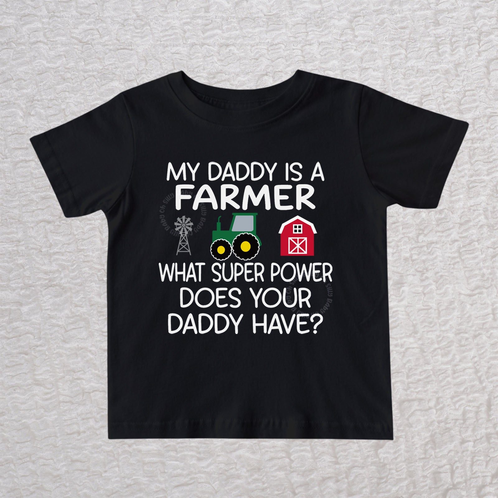 My Daddy Is a Farmer baby & toddler t-shirt in black with tractor, barn and windmill design