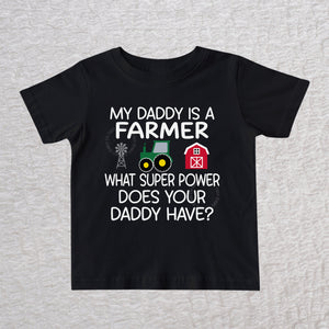 My Daddy Is a Farmer baby & toddler t-shirt in black with tractor, barn and windmill design