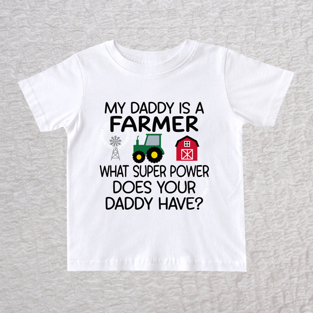 My Daddy Is a Farmer baby & toddler t-shirt in white with tractor, barn and windmill design